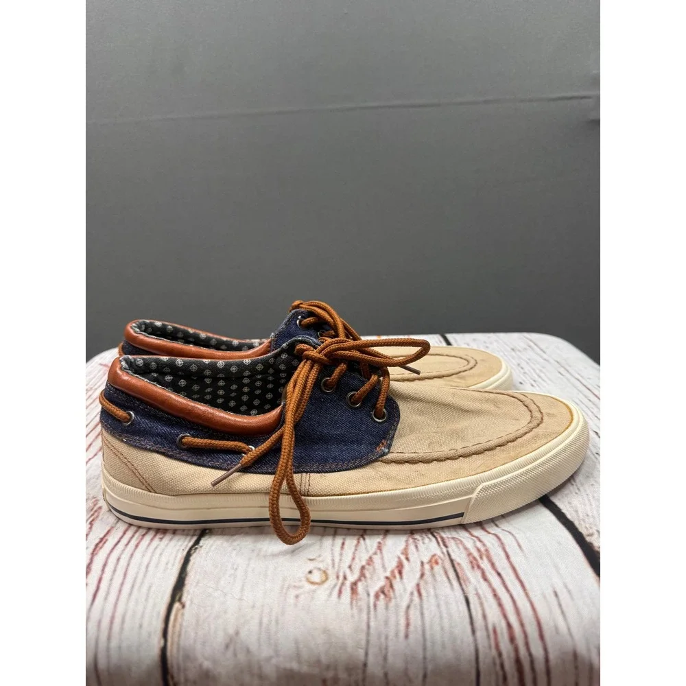 Beverly Hills Polo Club Mens BP9146 Canvas Denim Boat Shoes Tan Navy Size 9.5‎